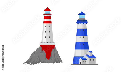 Lighthouse Tower Serving as Navigational Aid on Sea Vector Set