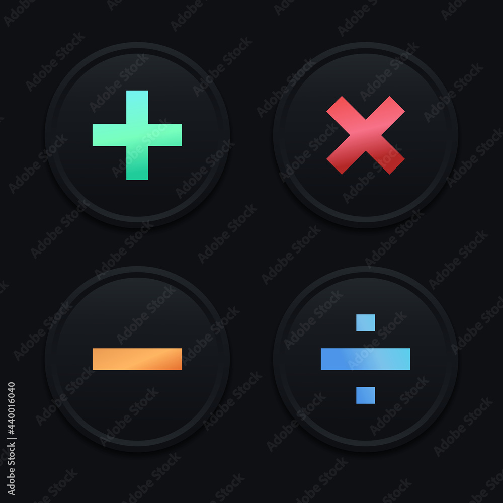 Calculator sign button. Plus, minus, multiplication, and division sign. Mathematical concept. Isolated on dark background. Illustration vector Calculator sign button. Plus, minus, multiplication, and division sign. Mathematical concept. Isolated on dark background. Illustration vector