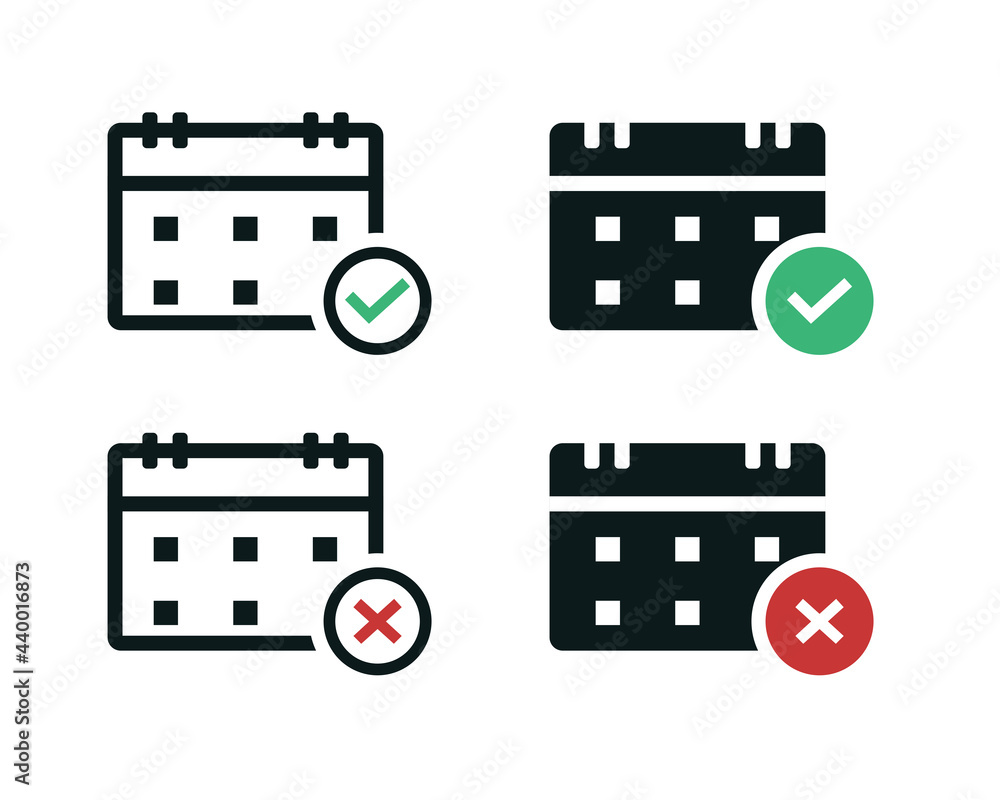 Calender with check mark icon and cross sign. Event planner. Schedule approved or canceled. Illustration vector Calender with check mark icon and cross sign. Event planner. Schedule approved or canceled. Illustration vector