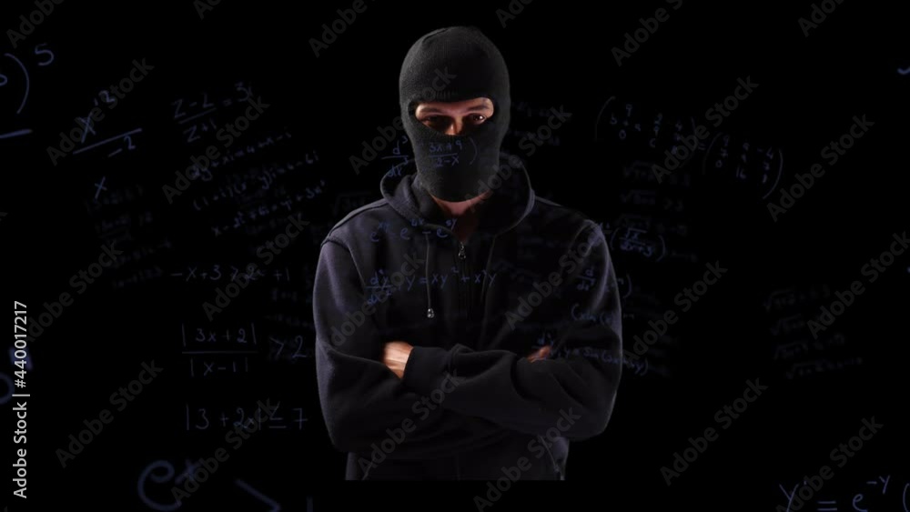 Animation of mathematical equations over hacker in balaclava Animation of mathematical equations over hacker in balaclava