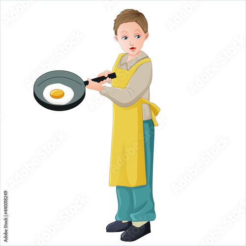 kid cooking pan fried egg vector art