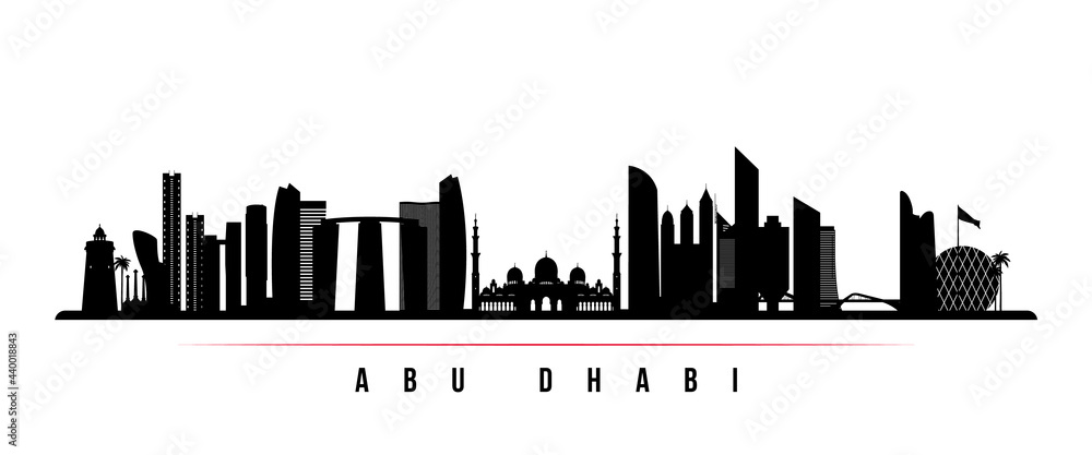Abu Dhabi skyline horizontal banner. Black and white silhouette of Abu Dhabi, United Arab Emirates. Vector template for your design.