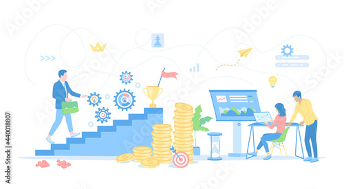 Business growth, Financial success. Man walks the stairs to victory, people work in the office. Planning, Investment, Teamwork, Work progress. Vector illustration flat style.