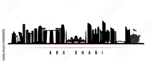 Abu Dhabi skyline horizontal banner. Black and white silhouette of Abu Dhabi, United Arab Emirates. Vector template for your design.