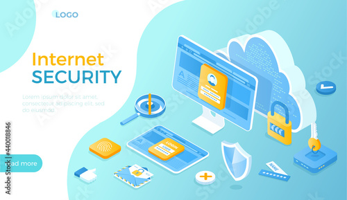 Internet security. Safety and confidential data protection. Data protection concept. Safe internet technologies. Isometric vector illustration for website.