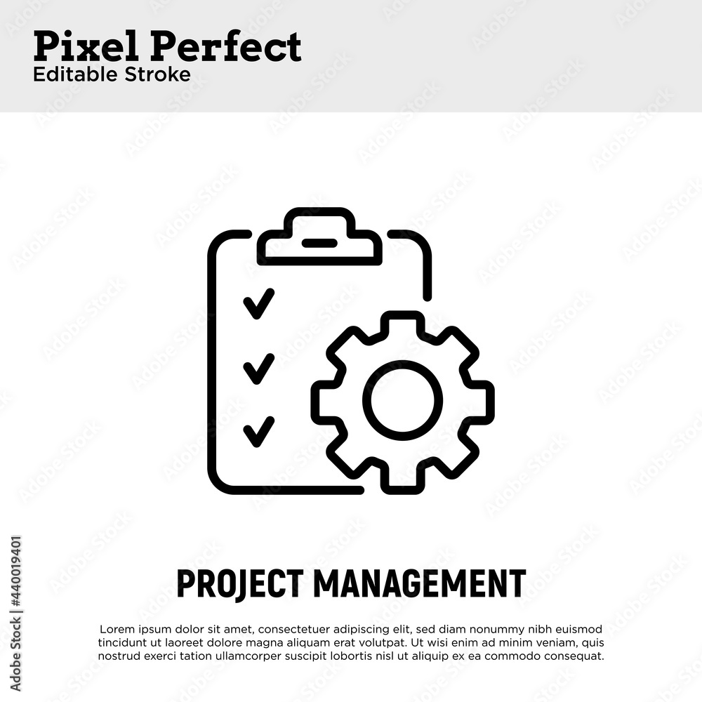 Project management thin line icon. Clipboard with checklist and cogwheel. Schedule of tasks. Pixel perfect, editable stroke. Vector illustration. Project management thin line icon. Clipboard with checklist and cogwheel. Schedule of tasks. Pixel perfect, editable stroke. Vector illustration.