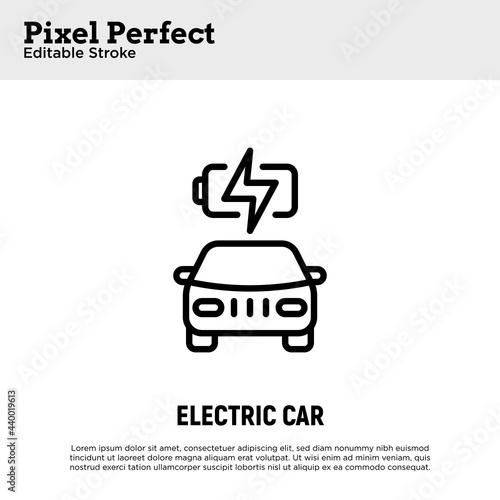 Electric car is charging. Thin line icon. Eco transport. Electromobile. Pixel perfect, editable stroke. Vector illustration.