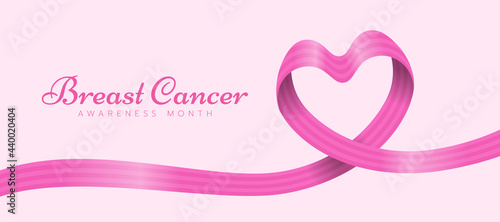 Breast cancer awareness month banner with pink alternating Stripe ribbon roll wave make heart shape vector design