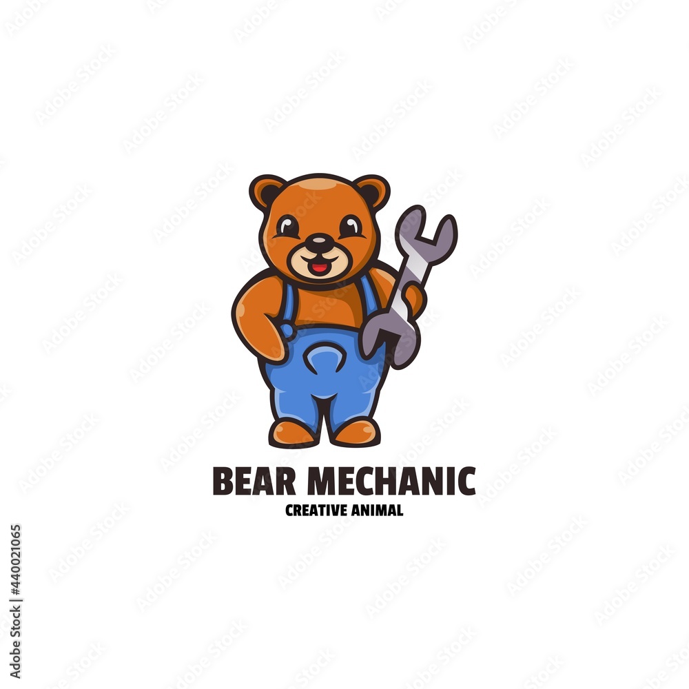 Vector Logo Illustration Bear Mechanic Mascot Cartoon Style.