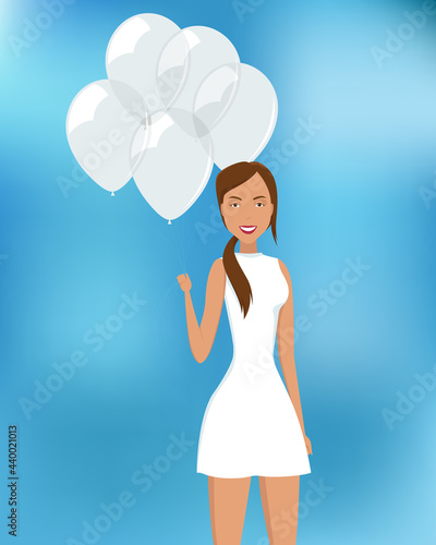Beautiful woman hold white helium balloons. Vector illustration.