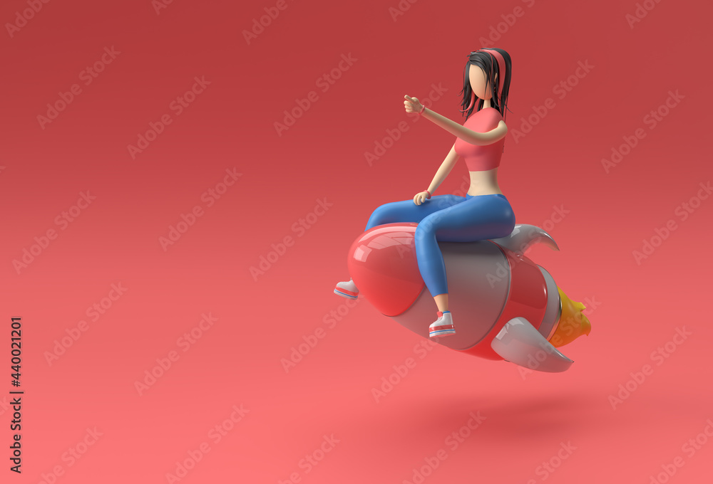 Fototapeta premium 3d Render Woman Flying with Rocket 3d illustration Design.