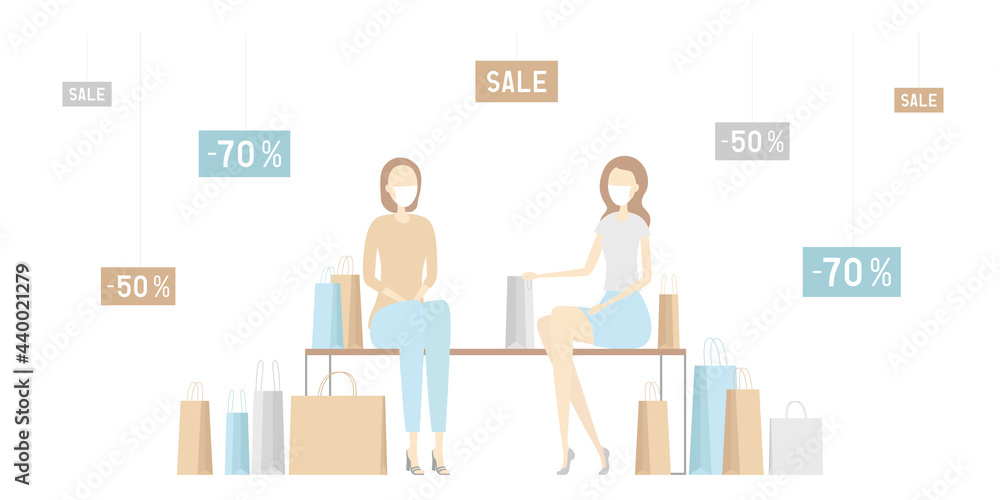 Two women in masks sitting with their purchases. Vector illustration.