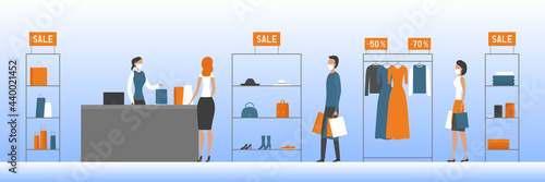 Buyers in masks standing in line. Sale. Vector illustration.
