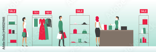 People in face masks standing in line. Sale. Vector illustration.