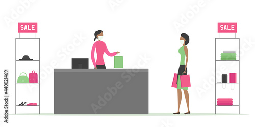Cashier and buyer in masks. Vector illustration.