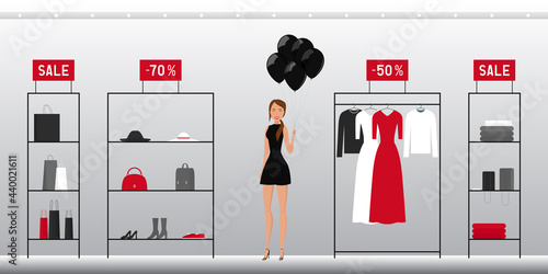 Woman hold helium balloons. Sale in shop. Vector illustration.