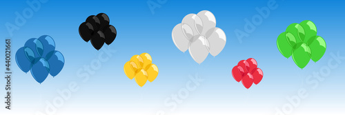 Different color helium balloons in sky. Vector illustration.