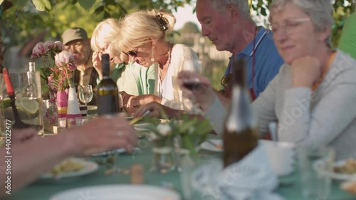 group of seniors friends people sitting outdoors having lunch or dinner together toasting and laughing - good quality time in the third age concept