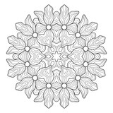 Decorative mandala with simple flowers,  striped patterns on a white isolated background. For coloring book pages.