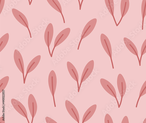 Seamless pattern of pink seedlings, isolated on pink background. Hand-drawn illustration in flat style. Concept of gardening, plant illustration, healthy lifestyle.