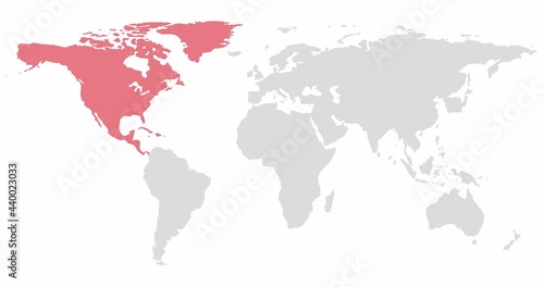 2D World map with red highlighting of North America. Allocation of the mainland territory. Alpha channel. 4K