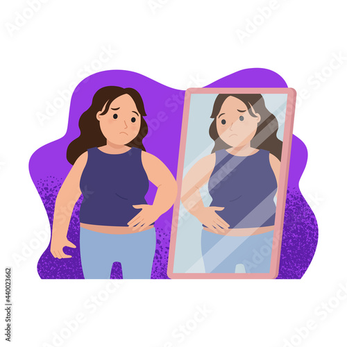 Woman feeling sad when looking at the mirror. Obese or fat concept. Flat vector design
