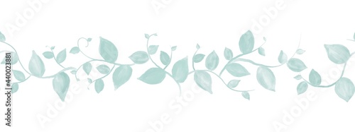 green seamless brush, border with leafes branches  design. Hand drawn Illustration in watercolor. For wedding invitations, greeting cards. Nature,organic items.Vector