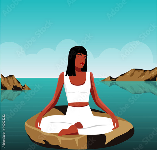 Wallpaper Mural Digital illustration of a yogi girl in the summer resting and meditating on vacation on the island and doing yoga on the water Torontodigital.ca