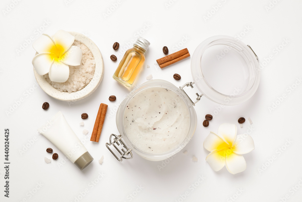 Composition with body scrub on white background, top view Composition with body scrub on white background, top view