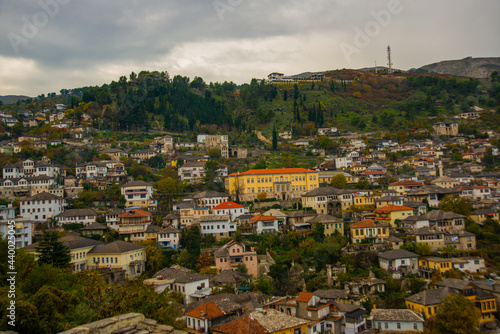 GJIROKASTRA, ALBANIA: Top view of the beautiful old town of Gjirokastra photo