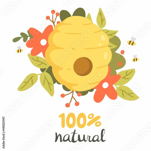 Bee hive with lettering 100 percent natural in flat cartoon style. Vector illustration isolated on white background.