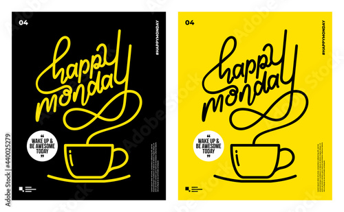 Happy Monday poster design template with coffee typography theme. can also be for banner, website, card, t-shirt, merchandise. Modern and minimalist.