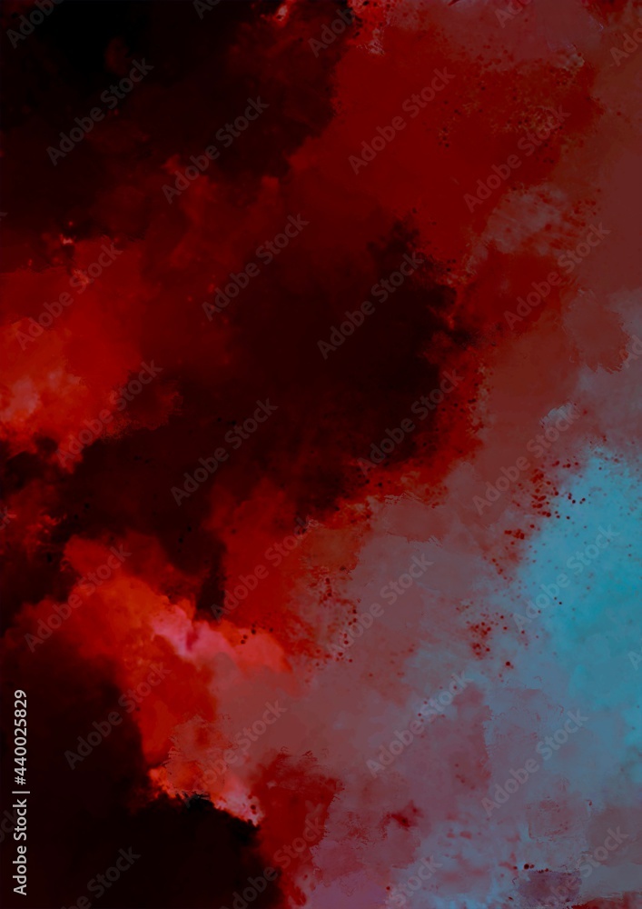 暗闇に光る赤と水色の幻想的な水彩テクスチャ背景
