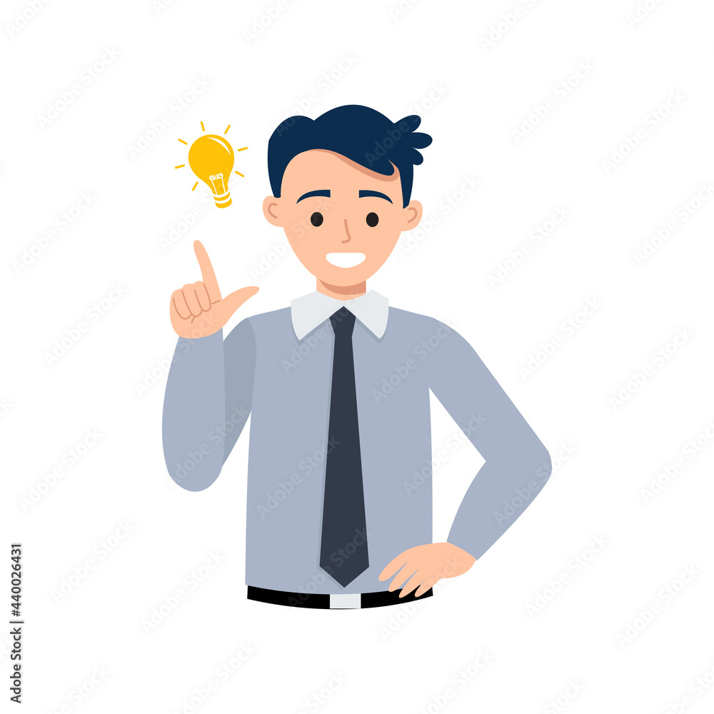 Young business man showing gesture of a good idea. Flat vector cartoon design Young business man showing gesture of a good idea. Flat vector cartoon design