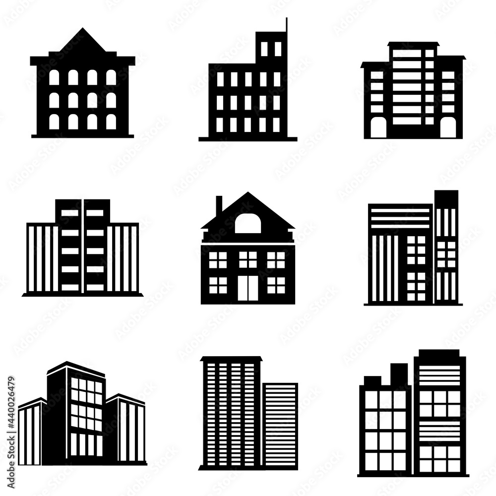 9 Black Building Icons. trendy and modern symbol building illustration. vector template. eps file