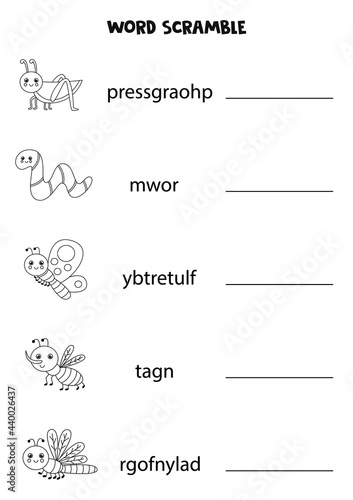 Puzzle for kids. Word scramble for children. Black and white cute insects.