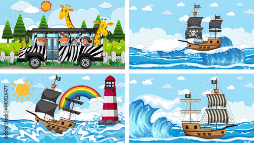 Set of different scenes with pirate ship at the sea and animals in the zoo
