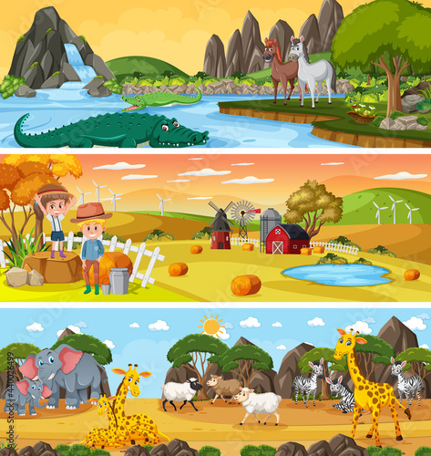 Set of different nature landscape at daytime scene with cartoon character © brgfx