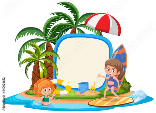 Empty banner template with kids character on summer vacation at the beach on white background