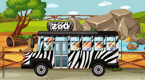 Zoo scene with children in the bus touring