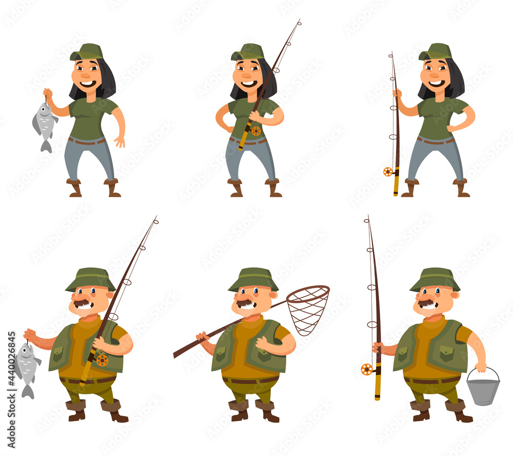 Fisherman and female angler in different poses. Characters in cartoon style. Fisherman and female angler in different poses. Characters in cartoon style.