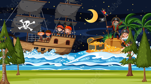 Treasure Island scene at night with Pirate kids on the ship