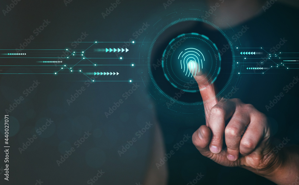 biometric fingerprint scan provides security Cyber protection. Internet technology. Data Security. Protecting data personal information.  - obrazy, fototapety, plakaty 