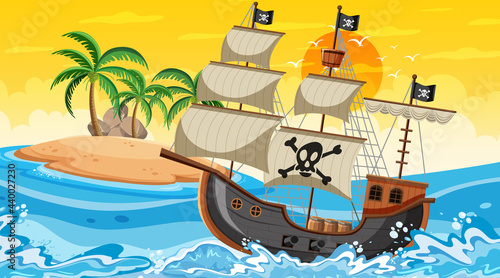Ocean with Pirate ship at sunset time scene in cartoon style