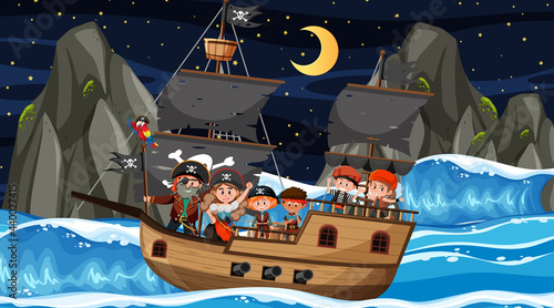 Treasure Island scene at night with Pirate kids on the ship