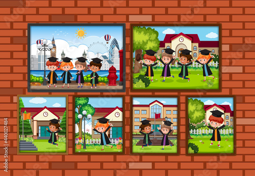 Kids graduation photo frames hanging on the wall