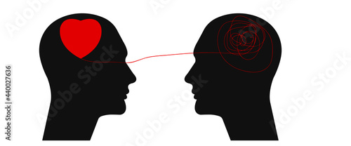 transmits the love in his head to another person.
Confused silhouette and silhouette with heart on head.
mental health concept.
Vectorel design Eps 10.