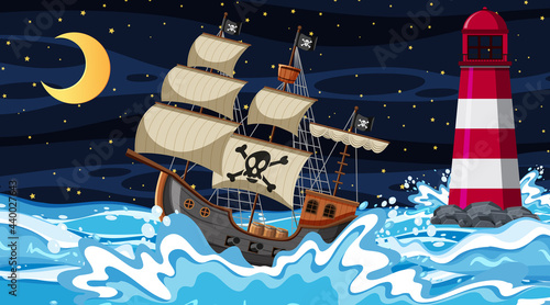 Ocean scene at night with Pirate ship in cartoon style