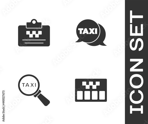Set Taximeter, driver license, Magnifying glass and taxi car and call telephone service icon. Vector