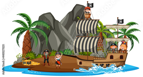 Pirate ship on island with many kids isolated on white background